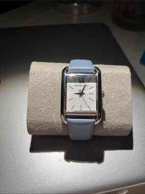 Michael Kors Light Blue Leather Strap Silver Rectangular Watch